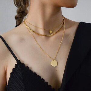 NWT Layered Chain Necklace 18K Gold Plated Round Pendant Stylish
